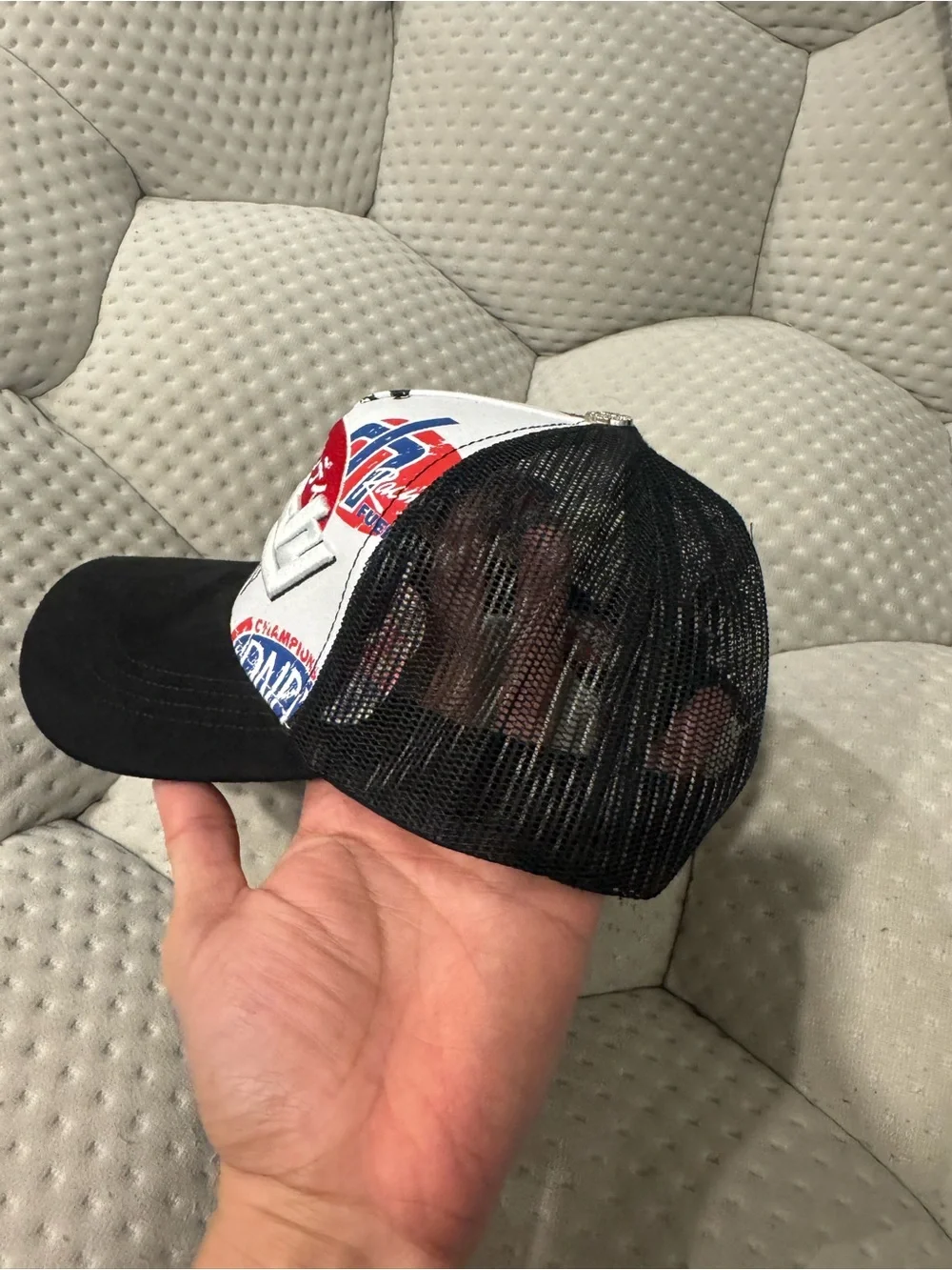 Graphic Logo Trucker Hat in Black, White & Red